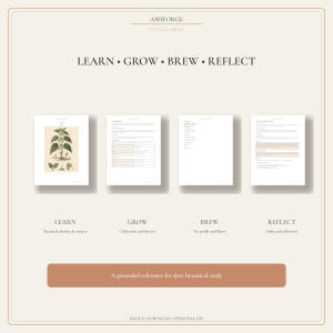 May include: A digital download set titled ASHFORGE BOTANICAL LIBRARY featuring four pages labeled LEARN, GROW, BREW, and REFLECT. The pages include a botanical illustration, cultivation charts, tea profiles, and safety guidelines for botanical study.