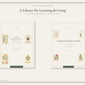 May include: Two books titled Ashforge Herbal Dictionary and Ashforge Master Planner. The covers are cream with botanical illustrations and black text. The dictionary is 400 pages and the planner is 300 pages. Text includes A Library for Learning & Living.