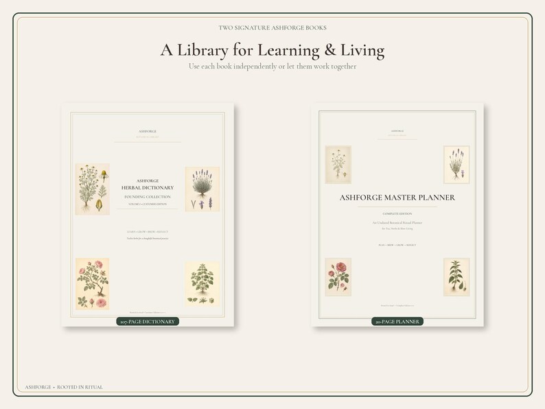 May include: Two books titled Ashforge Herbal Dictionary and Ashforge Master Planner. The covers are cream with botanical illustrations and black text. The dictionary is 400 pages and the planner is 300 pages. Text includes A Library for Learning & Living.