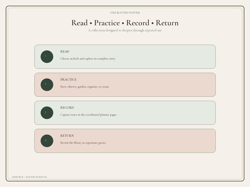 May include: A rectangular informational graphic titled One Rooted System: Read, Practice, Record, Return. It features four horizontal bars in alternating sage green and dusty pink, each numbered one through four, with text describing a process.