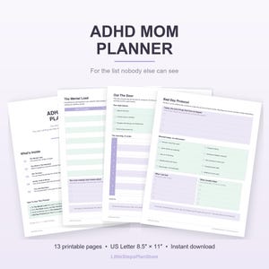 Peut inclure: Un ensemble de planificateur numérique intitulé ADHD MOM PLANNER avec le sous-titre For the list nobody else can see. Les pages incluent des sections comme The Mental Load, Out The Door et Bad Day Protocol avec des cases et des lignes. Taille 21,59 x 27,94 cm.