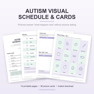 May include: A set of printable autism visual schedule and cards featuring 14 pages with icons for daily routines like waking up, toilet, washing hands, and getting dressed. The documents include morning schedules, first and then boards, and picture cards.