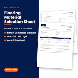 Peut inclure: Un modèle de fiche de sélection de matériaux de revêtement de sol aux formats Word et PDF. Le document comprend des sections pour les informations client, les détails du projet et un tableau pour les sélections de matériaux et de finitions.