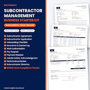 May include: A Subcontractor Management Business Starter Kit featuring 10 documents and an Excel tracker. The dark blue and orange graphic lists items including a Subcontractor Agreement, Application, Onboarding Checklist, and Pay Request.