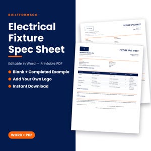 May include: An electrical fixture spec sheet template in Word and PDF formats. The document features a dark blue background with white text, including the title Electrical Fixture Spec Sheet, and displays two white pages with tables for project details.