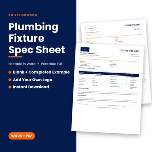 Op de afbeelding: Een digitaal sjabloon voor een specificatieblad voor sanitair op een donkerblauwe achtergrond met witte en oranje tekst. Het document bevat secties voor klantgegevens, projectinformatie, armatuurselecties en handtekeningen.