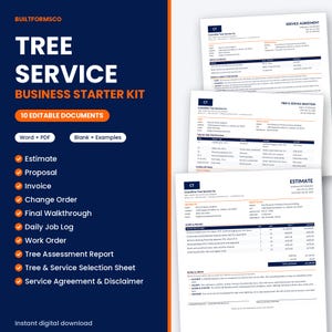 May include: A tree service business starter kit featuring 10 editable documents in Word and PDF formats. The dark blue graphic displays a list of forms including an estimate, proposal, invoice, and service agreement, alongside three sample documents.