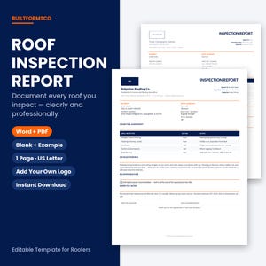 Puede incluir: Una plantilla digital de informe de inspección de techos con una barra lateral azul oscuro y texto en blanco que incluye ROOF INSPECTION REPORT, Word + PDF, Blank + Example, 1 Page + US Letter, Add Your Own Logo e Instant Download, junto a dos páginas blancas.