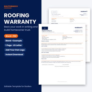 Può includere: Un modello digitale di garanzia per coperture per appaltatori, con una barra laterale blu scuro e testo bianco che include ROOFING WARRANTY, Word + PDF e Blank + Example. Il documento mostra sezioni per il proprietario e il sistema tetto.