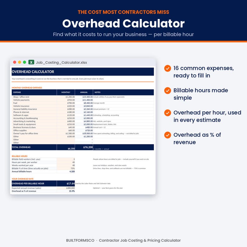Contractor Job Costing Calculator, Excel Pricing Spreadsheet, Overhead ...
