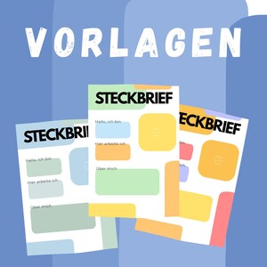 Peut inclure: Trois modèles de papier blanc intitulés STECKBRIEF avec des champs rectangulaires et carrés colorés pour des informations personnelles. Les feuilles comportent des sections intitulées Hallo, ich bin, Hier arbeite ich et Über mich. Le logo MINO Spielraum Studio est en bas.
