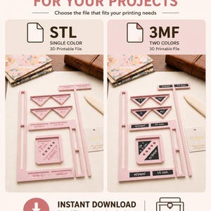 May include: A digital product listing showing two file formats for 3D printing: STL for single-color and 3MF for two-color projects. The image displays pink plastic templates, including T-squares, triangles, and corner guides with text labels.