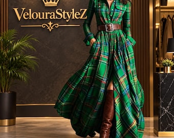 Abito lungo boho a quadri, abito scozzese con cintura e bottoni, con tasche.