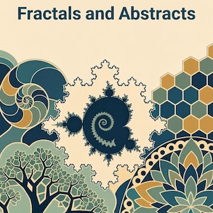 May include: A coloring book titled Fractals and Abstracts with a cream background. The cover features dark blue, teal, and gold geometric patterns, including a central fractal, a spiral, a honeycomb grid, a tree silhouette, and a floral mandala.