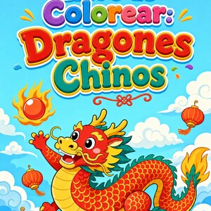 May include: A coloring book cover featuring the text "Libro de Colorear: Dragones Chinos" in colorful, bold letters. A cartoon red Chinese dragon with yellow accents is centered against a light blue sky with white clouds, red lanterns, and a flaming orb.