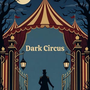 Puede incluir: Una portada de libro para colorear titulada Dark Circus que muestra la silueta de una persona con sombrero de copa y abrigo frente a una puerta dorada ornamentada. Detrás de la puerta hay una gran carpa de circo a rayas rojas y beige.