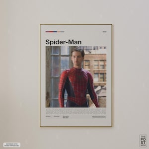 May include: A vertical rectangular movie poster for Spider-Man from 2002. The poster features a central image of a person in a red and blue spider-themed suit. Above the image is the title Spider-Man, and below is a block of descriptive text.