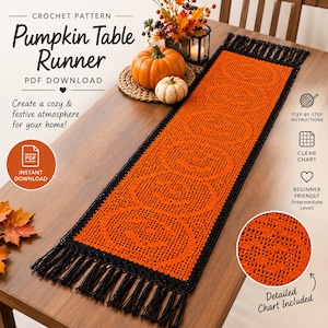 May include: A rectangular orange crochet table runner featuring a repeating pumpkin pattern with a black border and black fringe at both ends. The text on the image reads Crochet Pattern Pumpkin Table Runner PDF Download and Step-by-Step Instructions.