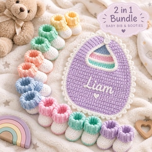 May include: A crochet baby bib in lavender with white scalloped edges and the name Liam embroidered in white, accompanied by multiple pairs of small crochet baby booties in various pastel colors including yellow, green, peach, blue, pink, and purple.