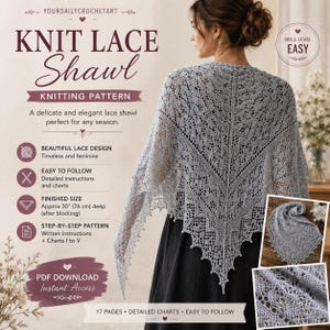 Peut inclure: Un châle en dentelle tricotée gris clair de forme triangulaire avec des motifs ajourés complexes. Le document présente le texte KNIT LACE SHAWL, SKILL LEVEL EASY, et indique une taille finie d'environ 76 cm de profondeur après blocage.