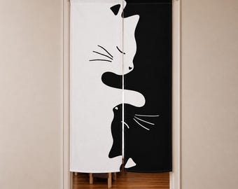 Japanese Style Cat Door Curtain | Minimalist Black & White Room Divider | Polyester Noren