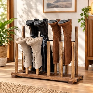 May include: A wooden boot rack with a dark brown finish, designed to hold six pairs of boots. The rack features vertical wooden dowels for upright storage, currently holding two pairs of tall leather boots in black and brown, and one pair of beige lace-up boots.