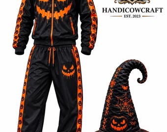 Halloween-Trainingsanzug-Set, schwarzer Kürbis-Trainingsanzug, Gothic-Halloween-Outfit, gruseliges Jogging-Set, Jack-o'-Lantern-Trainingsanzug, Halloween-Kostüm