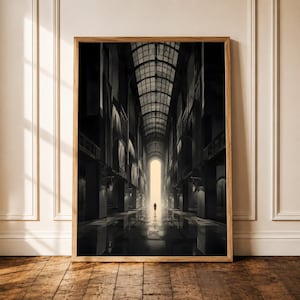 Figura solitaria en una gran galería / Póster oscuro y sombrío / Arte mural de arquitectura vintage / Decoración para estudio, oficina y hogar / Póster noir /