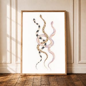 May include: A framed wall art print featuring a watercolour illustration of three intertwined snakes. One snake has black and white bands, another has tan and brown spots, and the third is a soft pink and white gradient, all set against a white background.