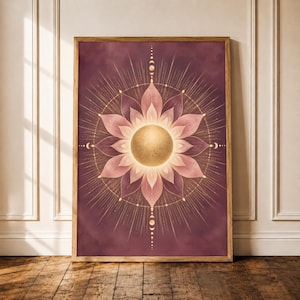 May include: A framed wall art print featuring a central golden sun surrounded by layered pink and purple lotus-like petals. The design includes radiating golden lines and a vertical sequence of moon phases, all set against a deep plum background.