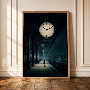 Lámina artística nocturna de estación de tren / Reloj de andén con figura solitaria / Arte mural vintage con ambiente melancólico / Póster de atmósfera oscura / Decoración para el hogar en la sala de estar
