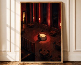 May include: A framed wall art print depicting a high-angle view of a dimly lit restaurant interior with red ambient lighting. A single round table with a white tablecloth is illuminated by a bright spotlight, surrounded by other dark tables.