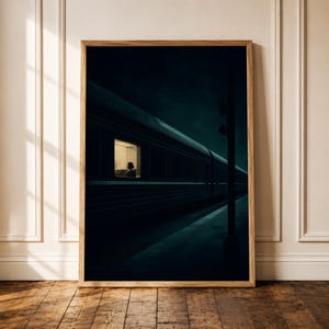 Stampa artistica "Vetro di treno solitario di notte" / Opera d'arte murale minimalista e malinconica / Poster dall'atmosfera cupa / Decorazione per soggiorno e camera da letto / Poster noir /