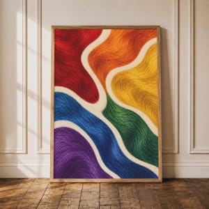 Pode incluir: Uma peça de arte de parede retangular emoldurada com um design abstrato vibrante de ondas fluidas e texturizadas em vermelho, laranja, amarelo, verde, azul e roxo. As seções coloridas são separadas por linhas brancas curvas e suaves.