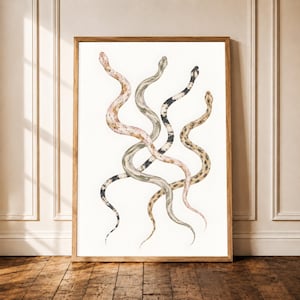 May include: A framed vertical wall art print featuring a watercolour illustration of four slender snakes in varying colours, including pale pink, muted green, black and white banded, and tan with dark spots, all set against a plain white background.