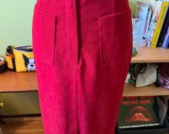 Vintage 1990s Red High Waisted Pencil Skirt, Front Button Tab, Patch Pockets, Kick Pleat, Made in Canada, Size 4