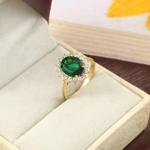 Green Emerald Quartz Halo Ring, 18K Gold Plated Ruby Solitaire Ring, Birthstone Ring