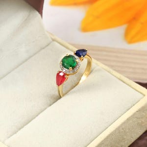 18K Gold Plated Ruby, Sapphire, Ruby QuarSterling Silver Ring, July Birthstone Jewelry
