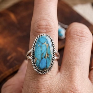 Blue Copper Turquoise Solid 925 Sterling Silver Ring, Boho Wedding Gift