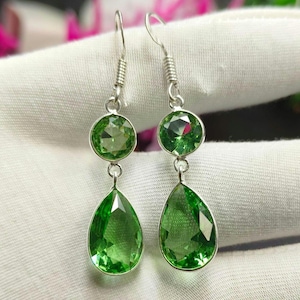 Green Peridot Quartz Gemstone Silver Earrings, Sterling Silver Handmade Dangle & Drop Jewelry