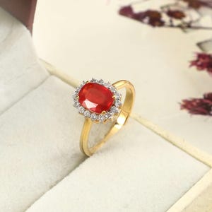 Oval Ruby Halo Ring, 18K Gold Plated Ruby Solitaire Ring, July Birthstone Ring