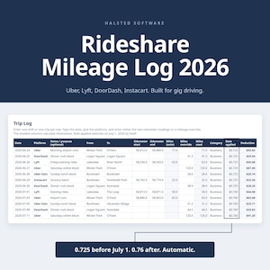 Rideshare Mileage Log 2026 for Uber Lyft DoorDash Drivers, Gig Driver Tax Tracker Excel and Google Sheets, IRS Mid Year Rate Split