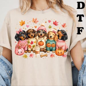 Peut inclure: Un t-shirt beige avec une illustration de cinq teckels portant des pulls et des bonnets, entourés de feuilles d'automne, de citrouilles et d'une tasse de café. Les chiens sont représentés en noir, marron et fauve avec des touches rose et bleu sarcelle.