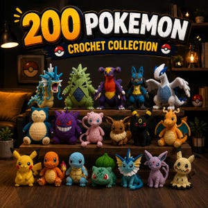 May include: A collection of 17 crocheted plush figures representing various Pokemon characters, arranged on wooden shelves. The display includes figures like Pikachu, Charmander, Squirtle, Bulbasaur, Snorlax, Gengar, and others, with a sign reading 200 POKEMON CROCHET COLLECTION.