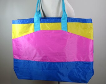 Vintage 80s Large Retro Neon Tote Pink Yellow Blue Turquoise Nylon Beach Bag Vintage Carry All Top Handle Shoulder Tote Overnight Weekender