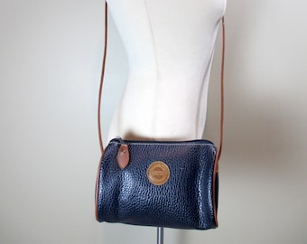 ESPRIT Navy & Brown Pebbled Vinyl Crossbody Vintage Leatherette Purse 1990s Handbag Vegan Leather Like Shoulder Bag Cross Body Purse 8x2.5x5