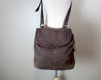 Vintage Brown Nubuck Crossbody 1990s Fold Over Flap Purse Toni Brand Handbag w Adjustable Shoulder Strap Distressed Leather Bag Whitney Tote