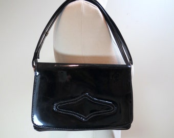 Black Patent Leather Like Shoulder Bag Shiny Vinyl Convertible Purse Vintage 1960s Handbag Fold Over Flap Pocketbook w Adjustable Strap