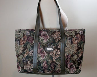 Vintage 1980s Floral Tapestry Carry On Large Double Strap Shoulder Tote Soft Sided Fabric Overnight Travel Bag Weekender Luggage Protocol