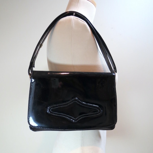 Black Patent Leather Like Shoulder Bag Shiny Vinyl Convertible Purse Vintage 1960s Handbag Fold Over Flap Pocketbook w Adjustable Strap